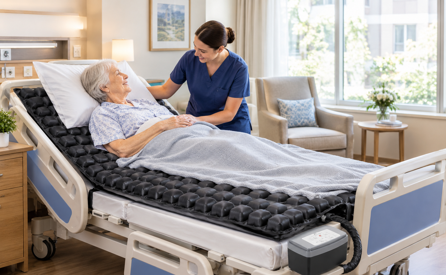Elderly nursing home resident resting on a pressure relief mattress that helps prevent bedsores.