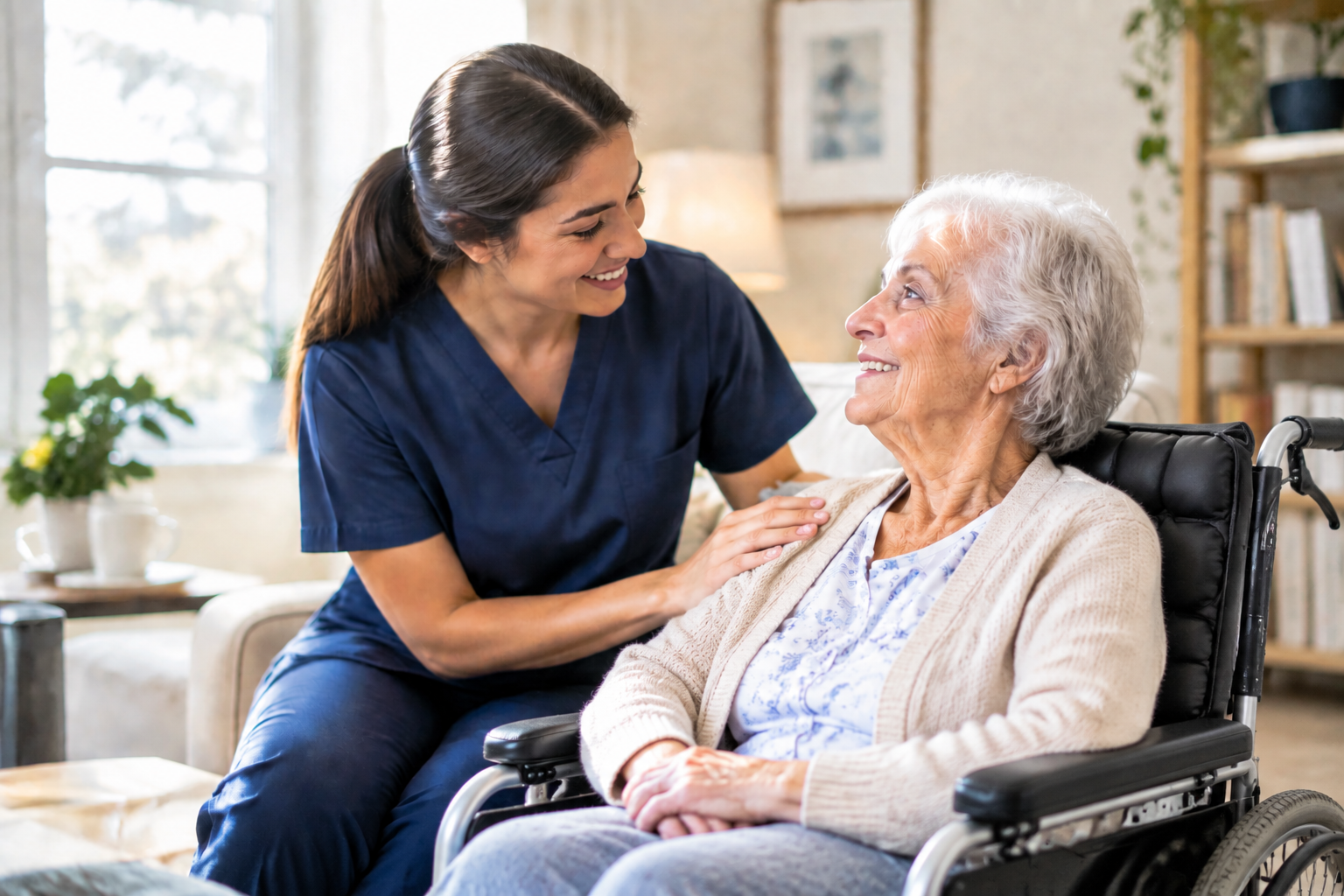 caregiver providing home care support to elderly woman in wheelchair at home