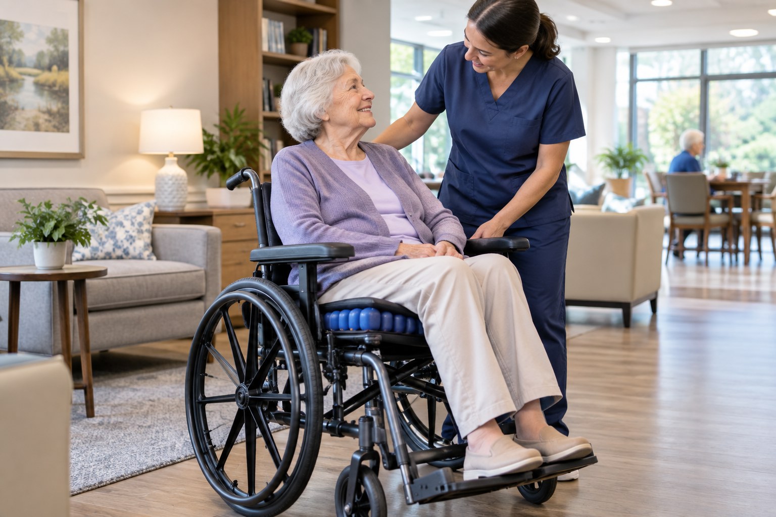 Pressure relief wheelchair cushion for residents in nursing homes